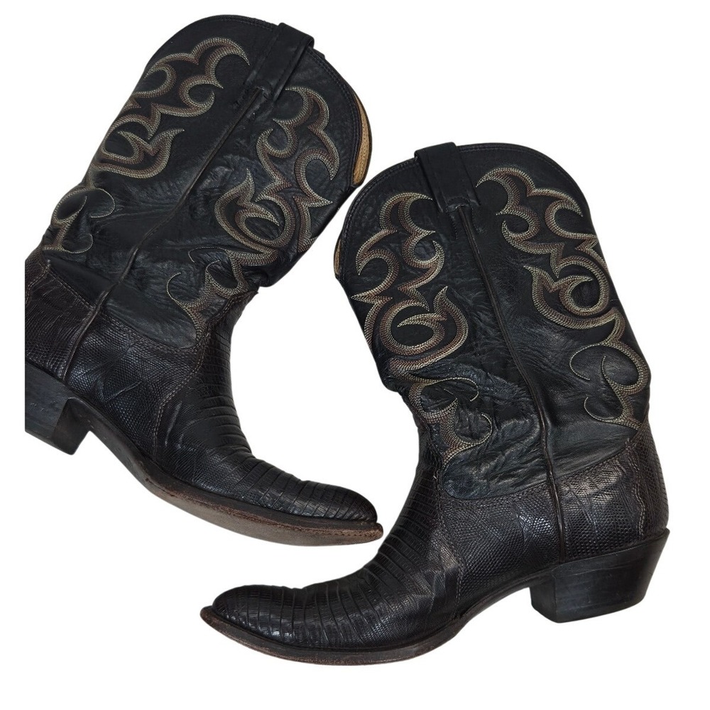 Nocona Western Boots Mens 8.5 B Black Good Lizard Leather Stitched USA Vintage